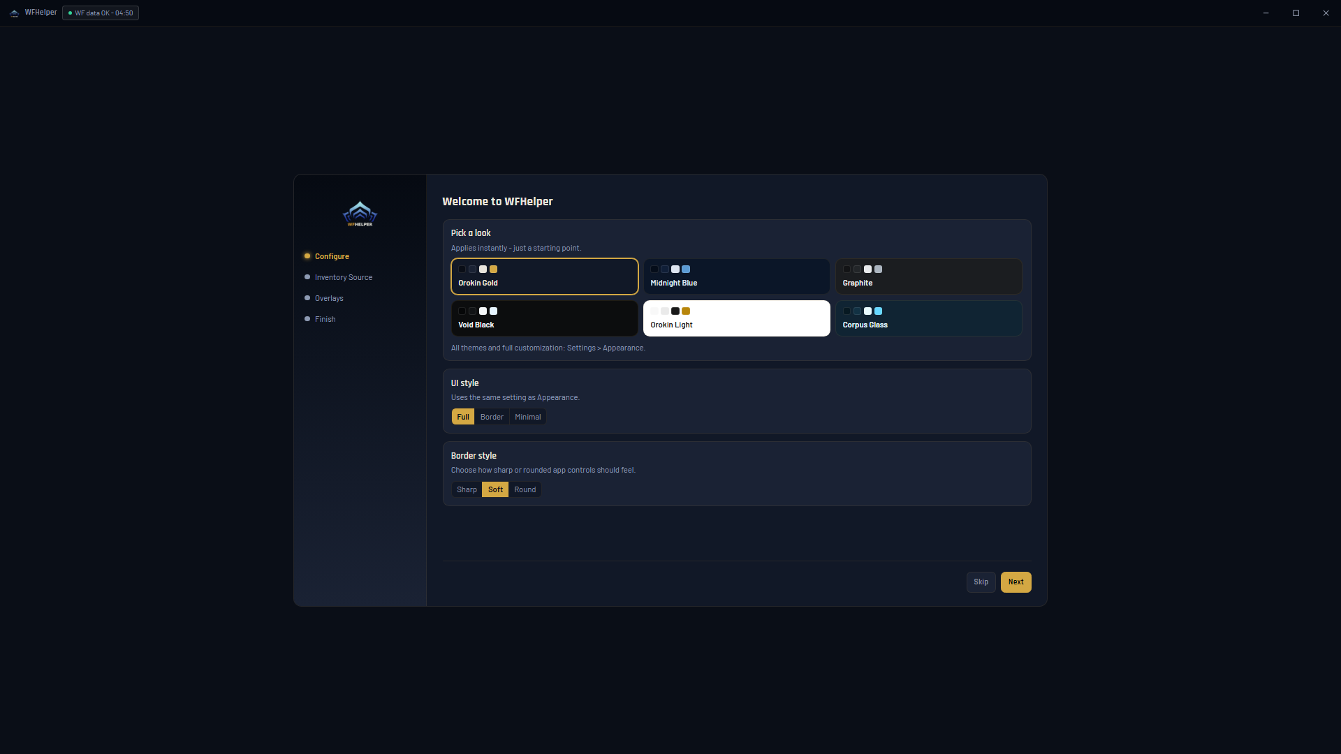 WFHelper inventory view showing owned items with live platinum prices